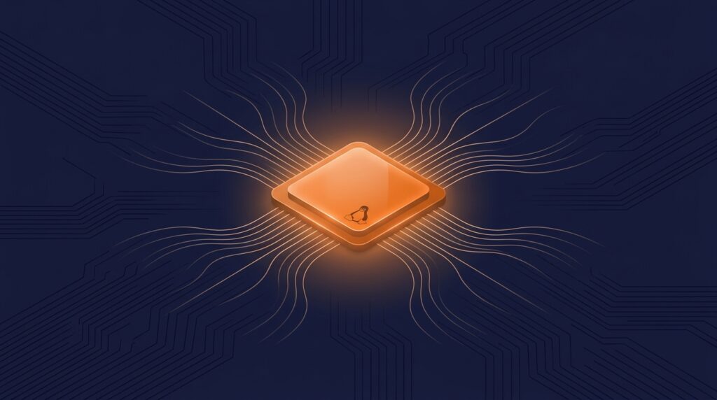 Glowing orange Linux microchip on a navy circuit board — Embedded Linux and kernel news digest
