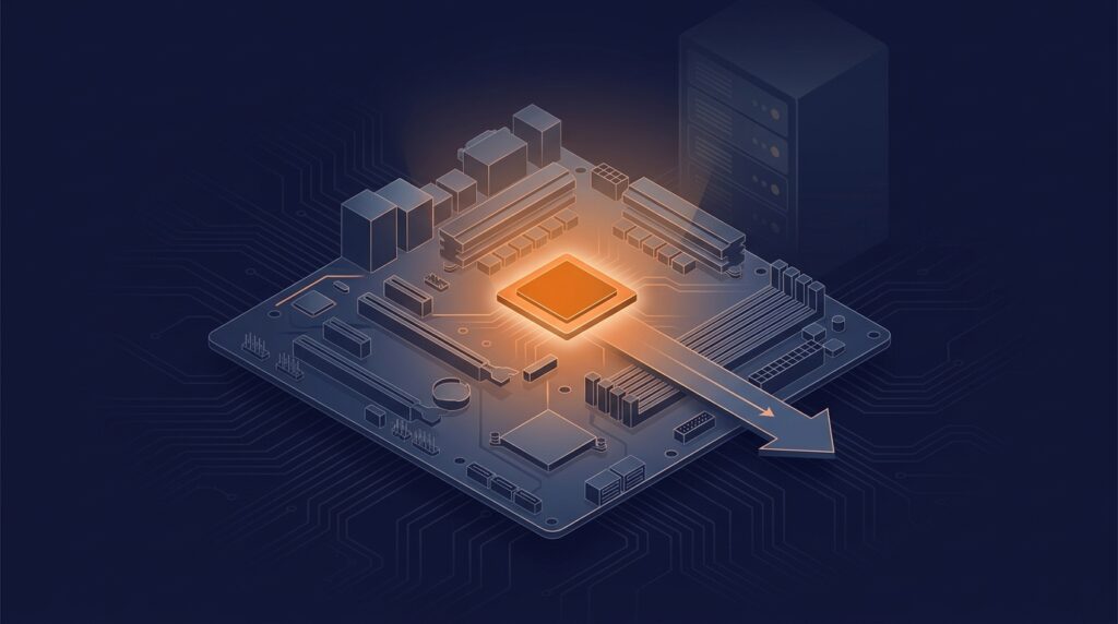 PC and server motherboard with a glowing UEFI firmware chip — BIOS to UEFI boot