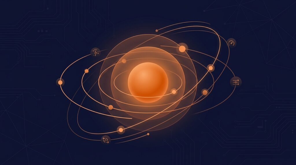 The Linux kernel core with orbiting subsystems — memory, scheduling and drivers